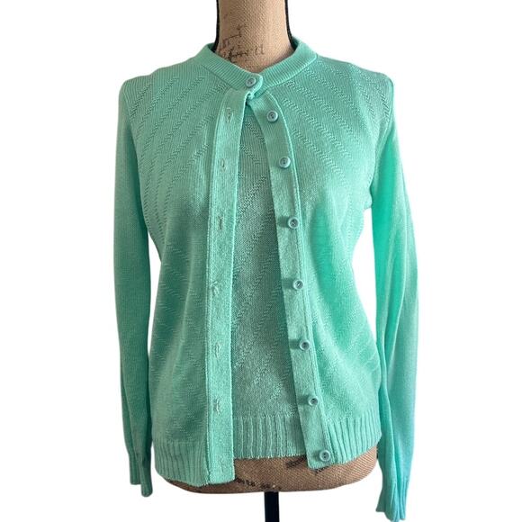 80s/90s Vintage Ms Today Mint Green Pointelle Cardigan Sweater Set Size 2 Pastel - Picture 16 of 16